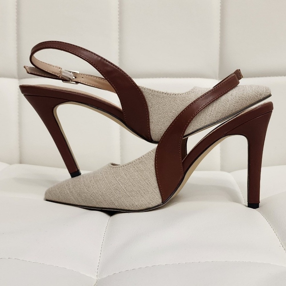 Pointed Toe Slingback Pumps Linen Cognac Brown Stiletto Heels Size 8.5
